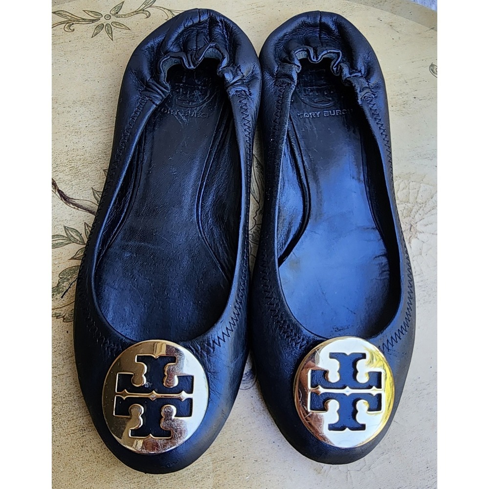 Tory Burch Sz 7.5 Black Leather Reva Ballet Flat Logo Hardware Quiet‎ Luxury